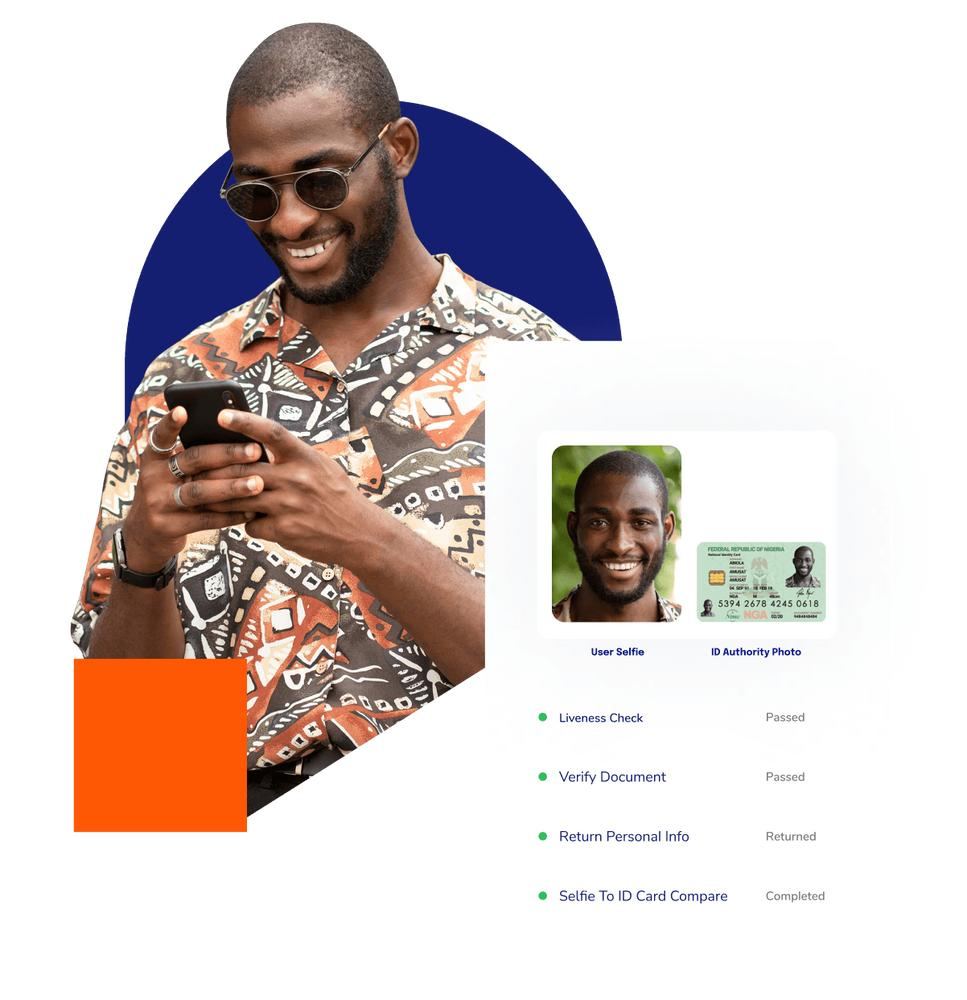 A customer verifying his identity on his phone, with his selfie matched to his ID card