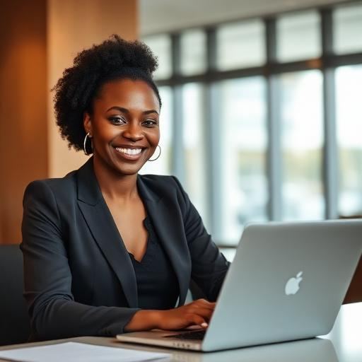 A smiling woman working on a laptop